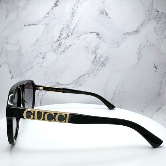 New Gucci Sunglasses Black Pilot Aviator 58mm Navigator Gold Authentic - Picture 7 of 16